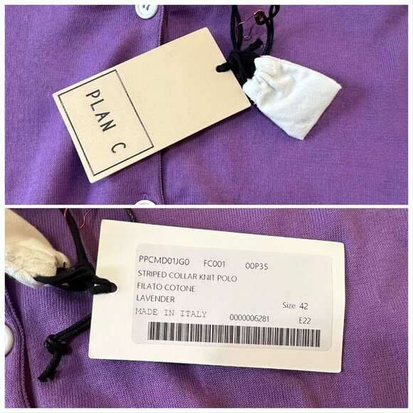 Plan C Striped Collar Cotton Knit Polo, Lavender, Size 42 IT, New with tag - Picture 4 of 15